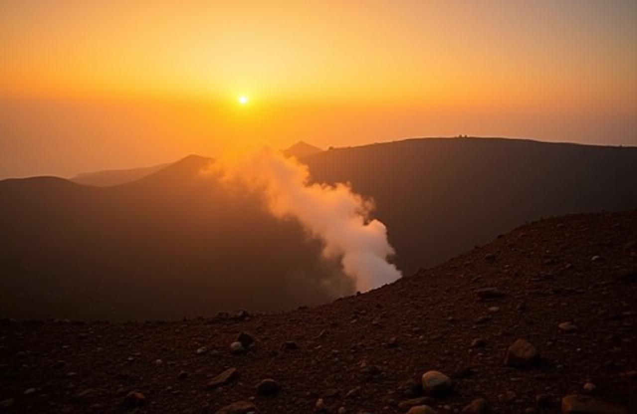 Panoramic view of Mount Bromo crater at sunrise