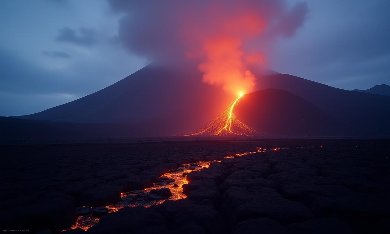 Active volcano erupting at twilight