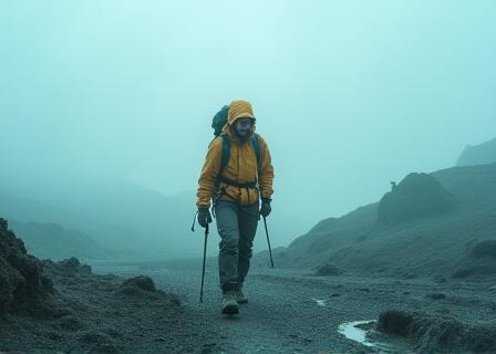 Expedition leader walking through volcanic mist